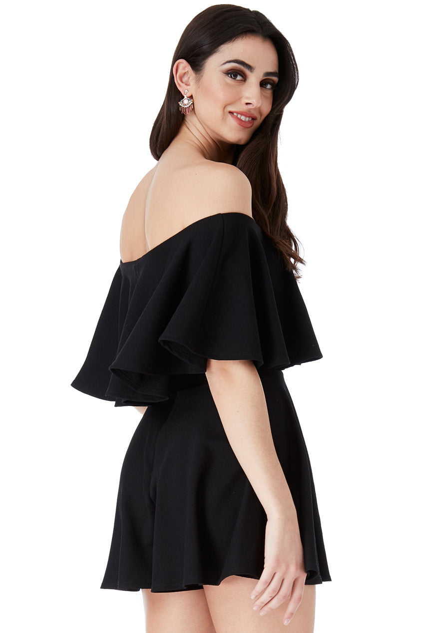 Goddiva Off The Shoulder Frill Neck Skater Romper - Black