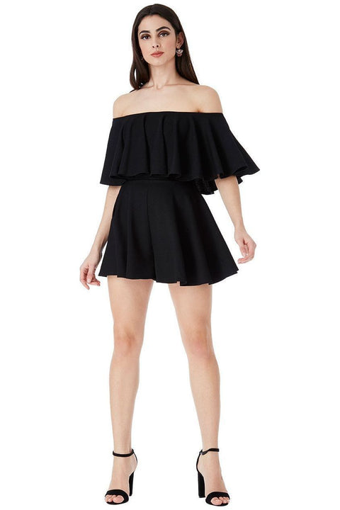 Goddiva Off The Shoulder Frill Neck Skater Romper - Black