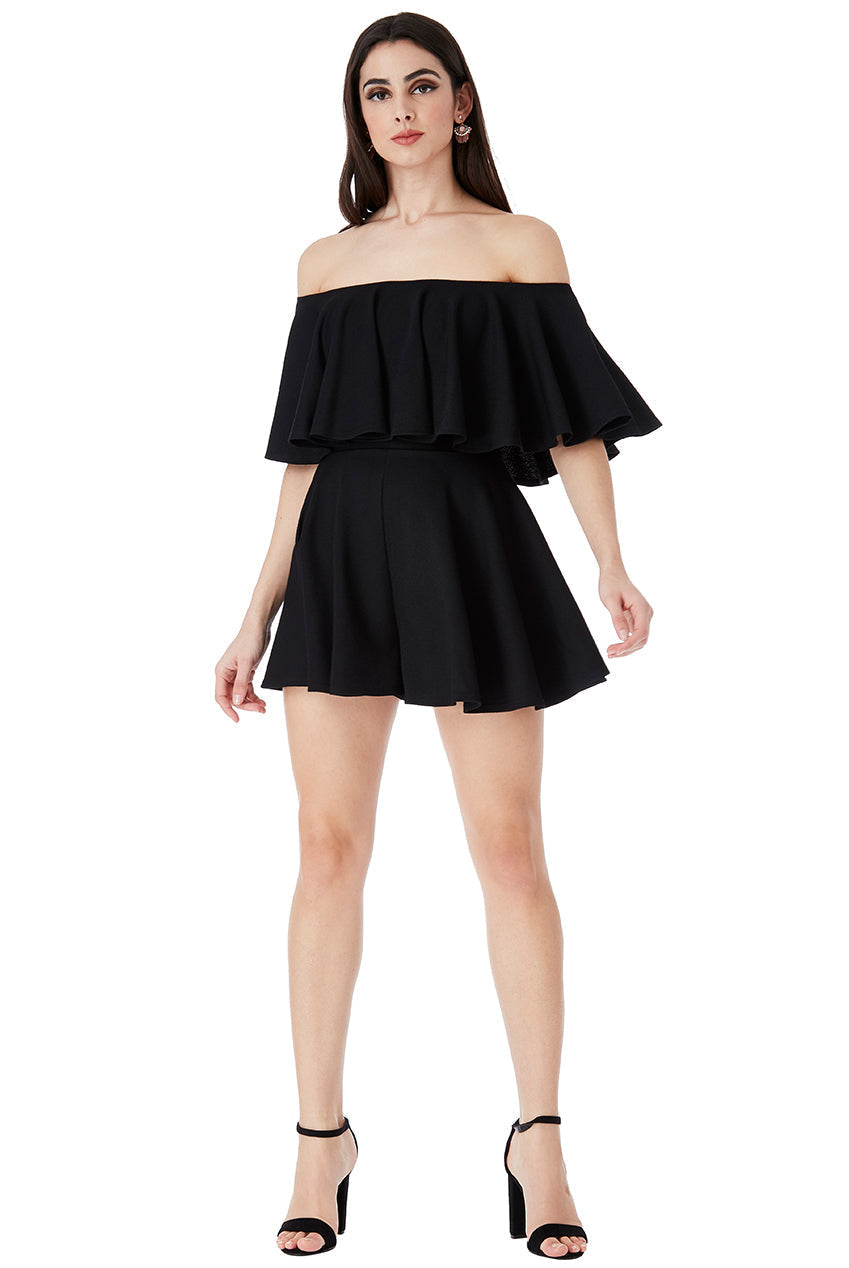 Goddiva Off The Shoulder Frill Neck Skater Romper - Black