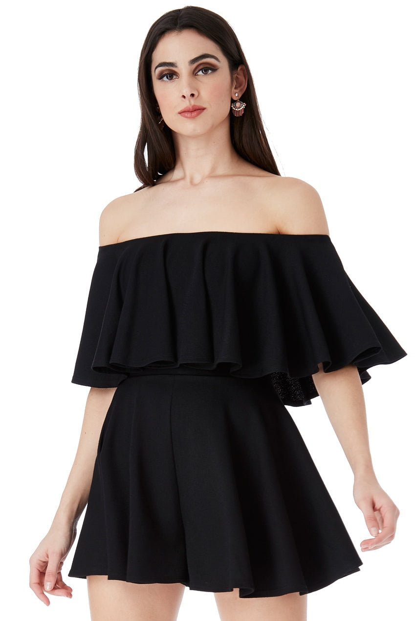 Goddiva Off The Shoulder Frill Neck Skater Romper - Black