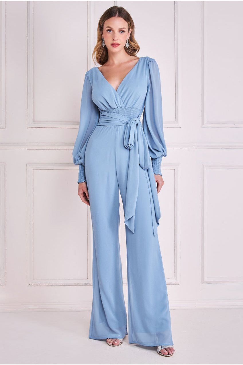 Goddiva Chiffon Puffy Sleeve Romper - Blue