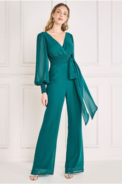 Goddiva Chiffon Puffy Sleeve Romper -  Emerald Green