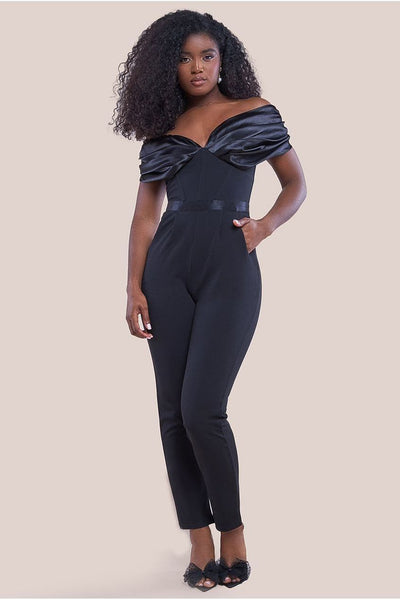 Black - Goddiva Corset Bodice Scuba & Satin Bardot Romper - Black