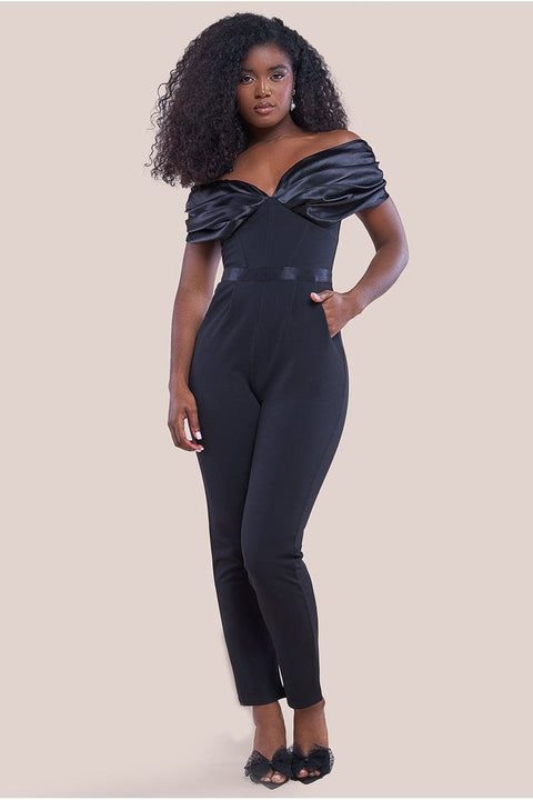 Goddiva Corset Bodice Scuba & Satin Bardot Romper - Black