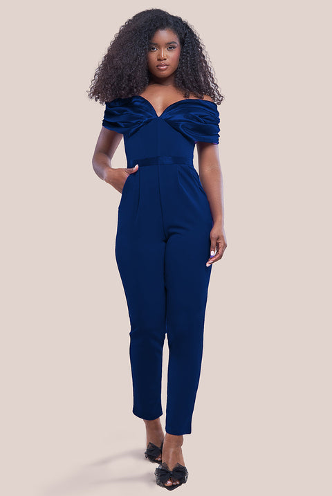 Goddiva Corset Bodice Scuba & Satin Bardot Romper - Navy