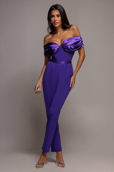 Goddiva Corset Bodice Scuba & Satin Bardot Romper - Purple