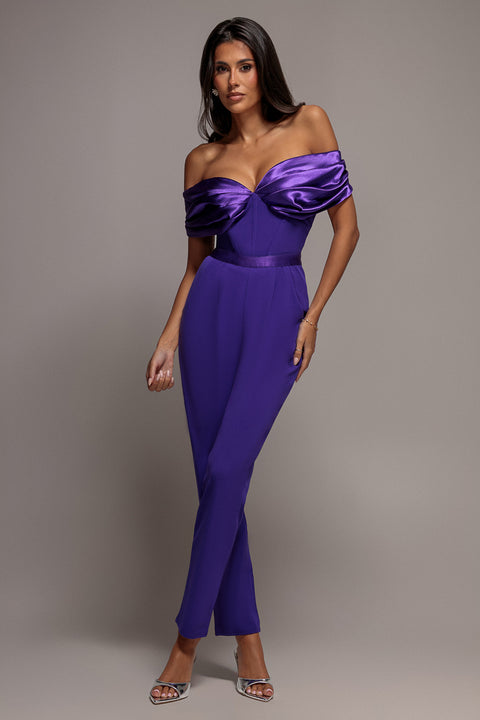 Goddiva Corset Bodice Scuba & Satin Bardot Romper - Purple