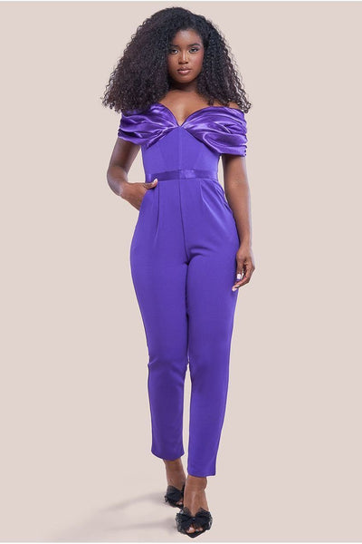 Purple - Goddiva Corset Bodice Scuba & Satin Bardot Romper - Purple