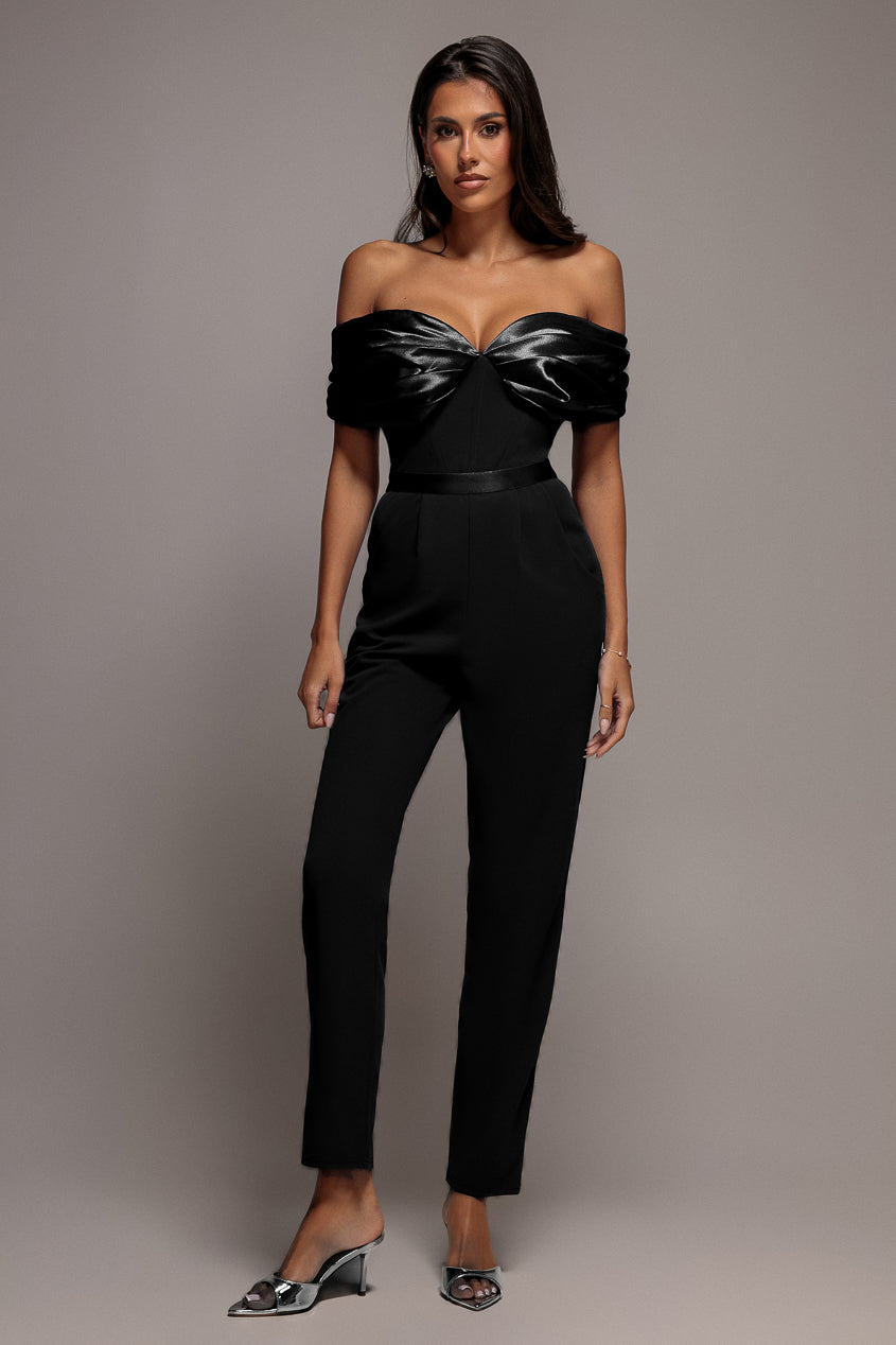 Goddiva Corset Bodice Scuba & Satin Bardot Romper - Black