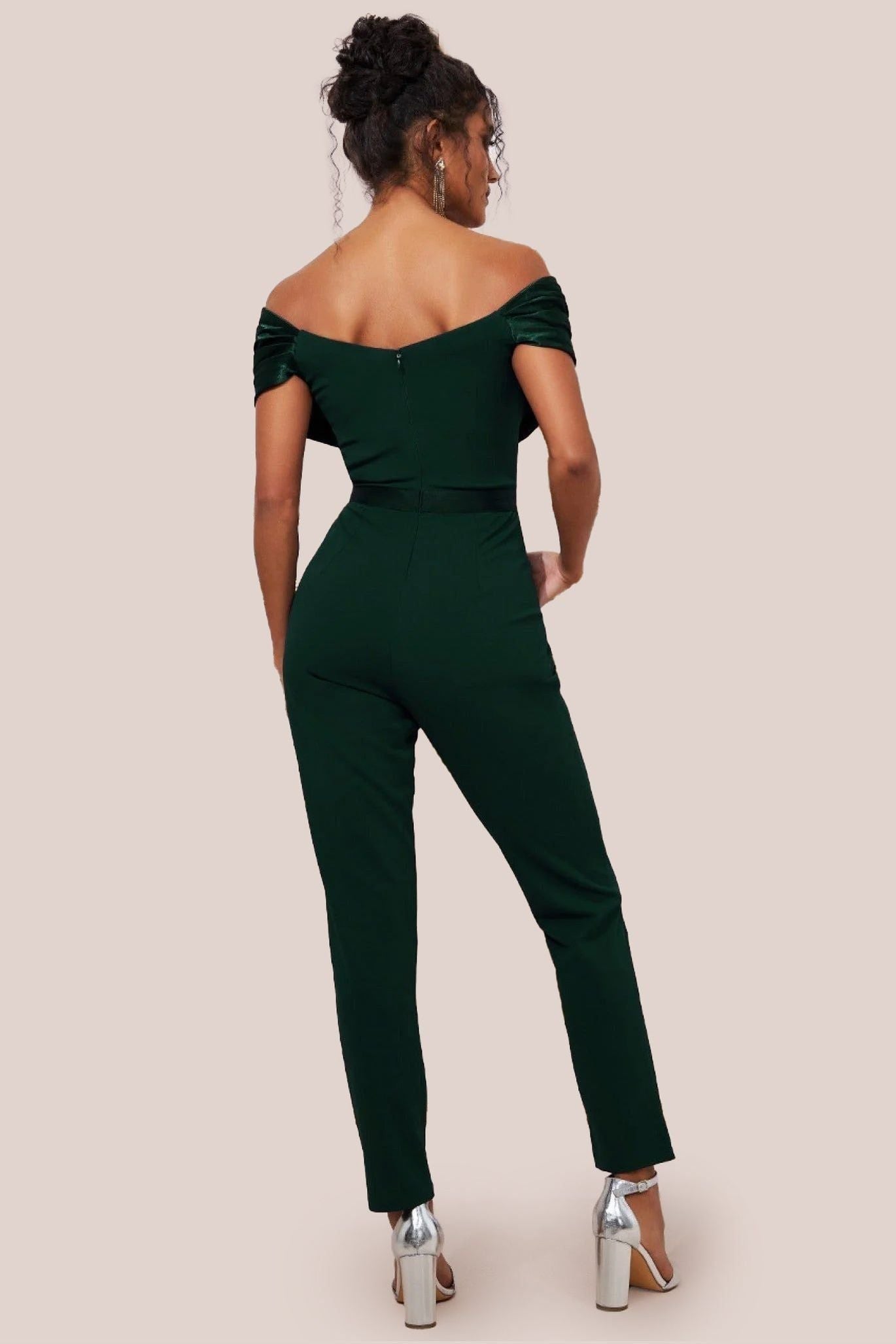 Goddiva Corset Bodice Scuba & Satin Bardot Romper - Emerald