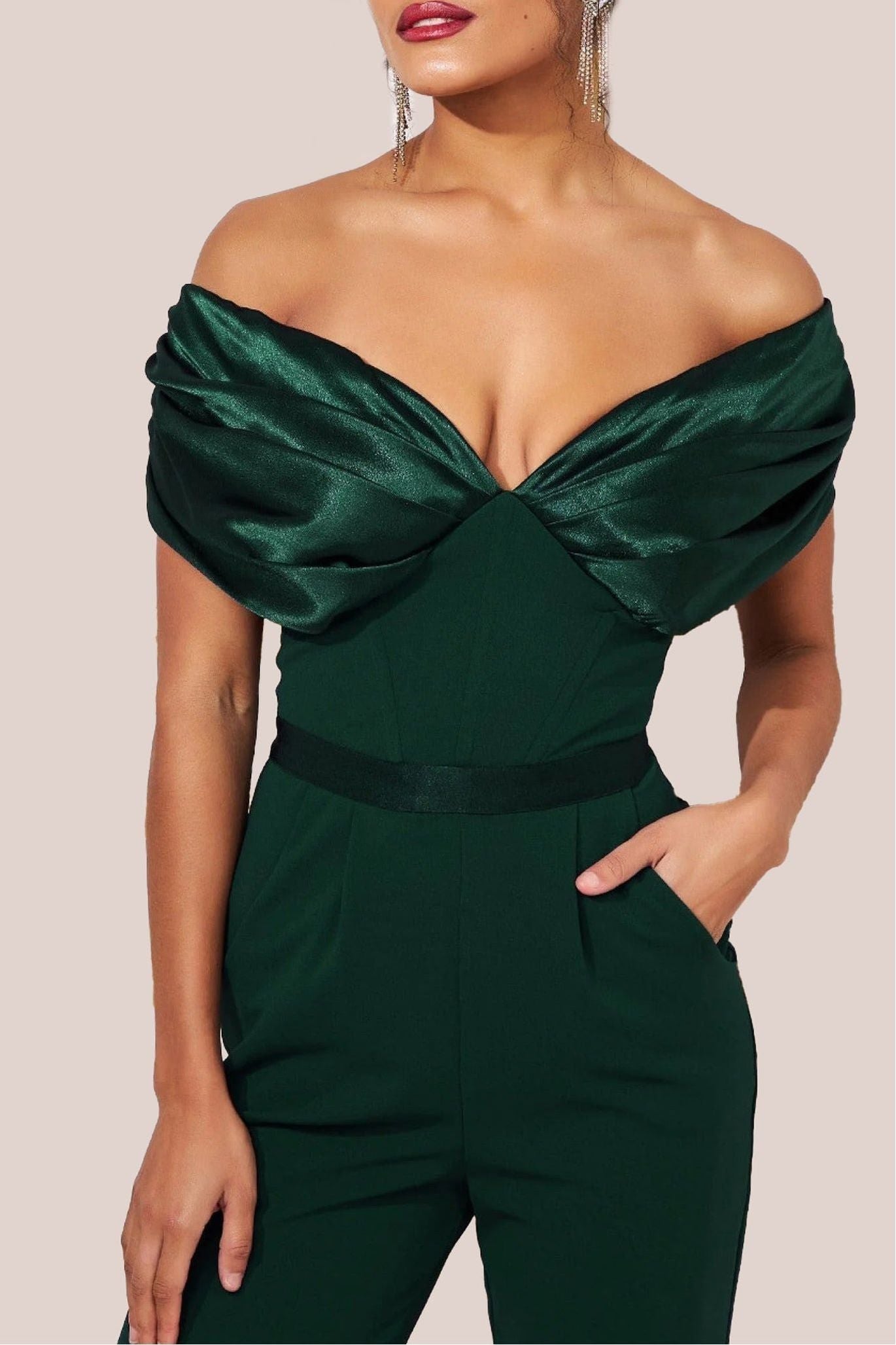 Goddiva Corset Bodice Scuba & Satin Bardot Romper - Emerald