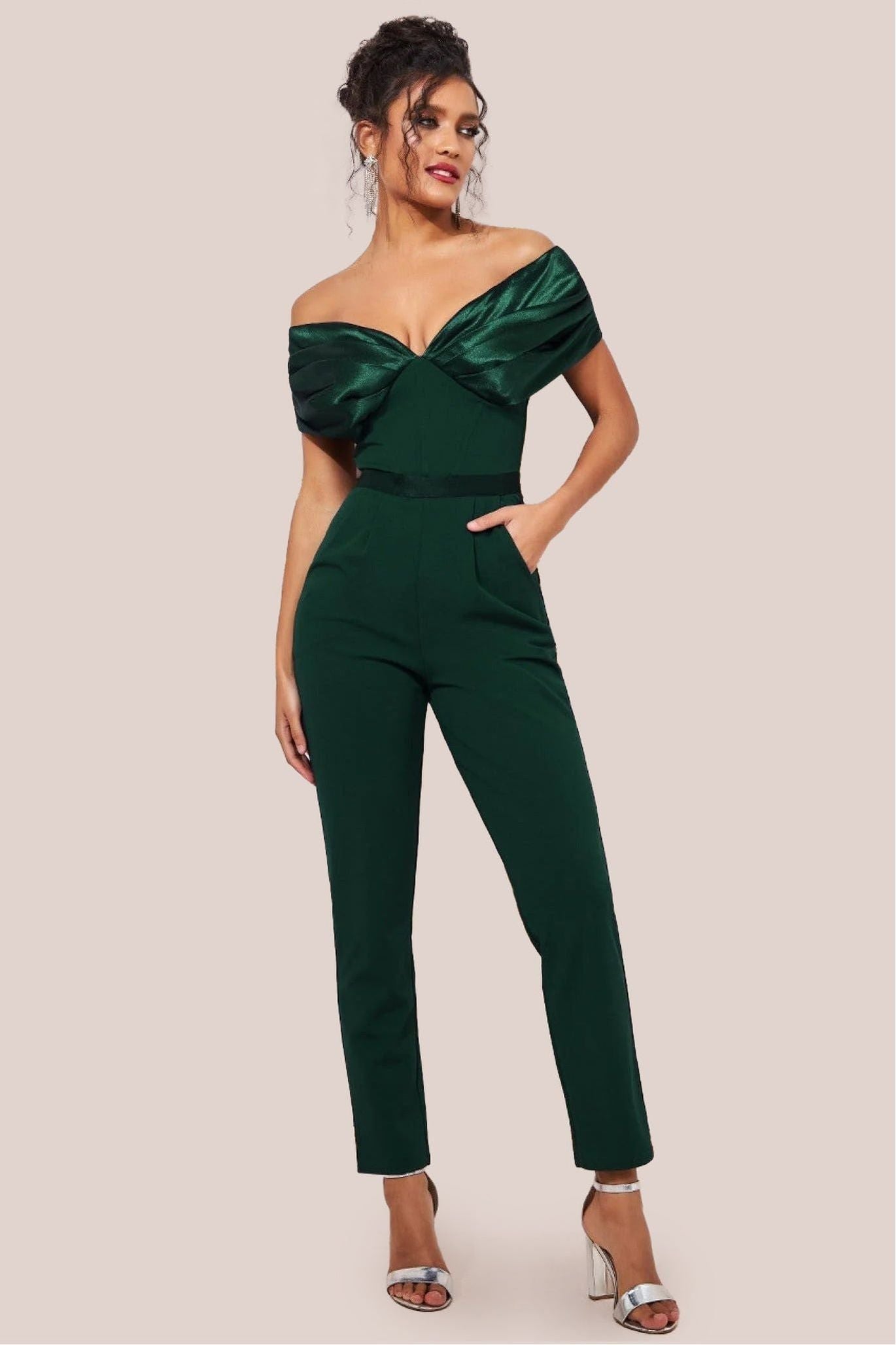 Goddiva Corset Bodice Scuba & Satin Bardot Romper - Emerald