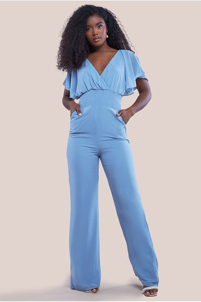 Blue - Goddiva Chiffon Romper With Flutter Sleeves - Blue
