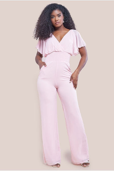 Blush - Goddiva Chiffon Romper With Flutter Sleeves - Blush