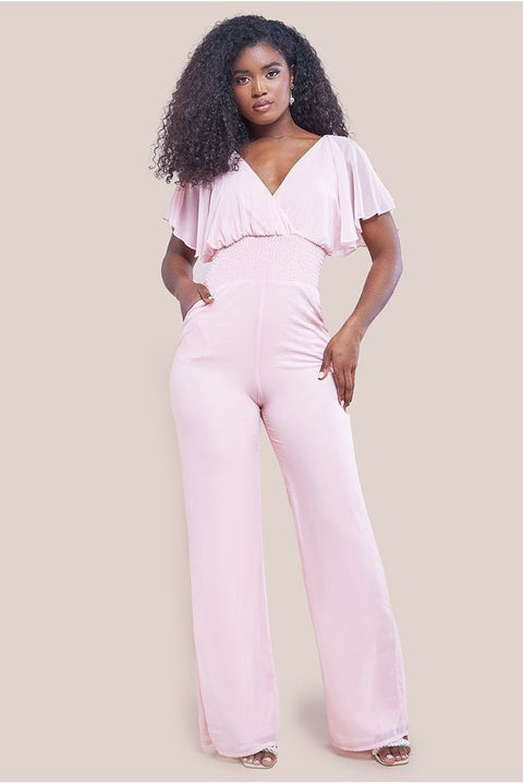 Goddiva Chiffon Romper With Flutter Sleeves - Blush