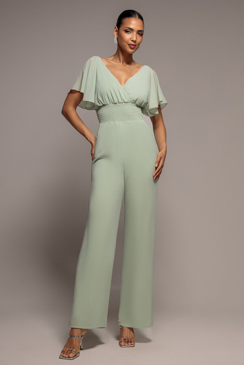 Goddiva Chiffon Romper With Flutter Sleeves - Sage Green
