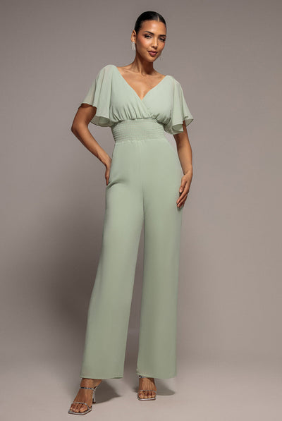 SageGreen - Goddiva Chiffon Romper With Flutter Sleeves - Sage Green
