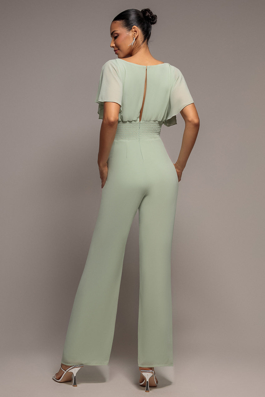 Goddiva Chiffon Romper With Flutter Sleeves - Sage Green