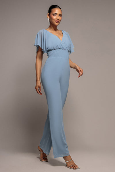 Blue - Goddiva Chiffon Romper With Flutter Sleeves - Blue