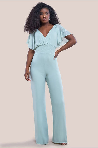 SageGreen - Goddiva Chiffon Romper With Flutter Sleeves - Sage Green