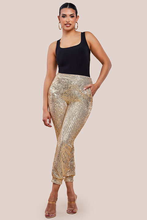 Goddiva Sequin Cuffed Ankle Pant - Gold