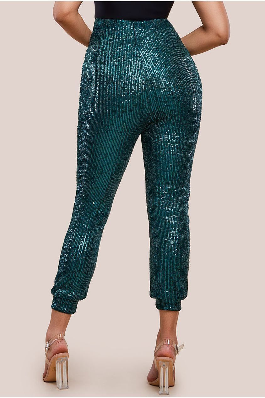 Goddiva Sequin Cuffed Ankle Pant - Emerald