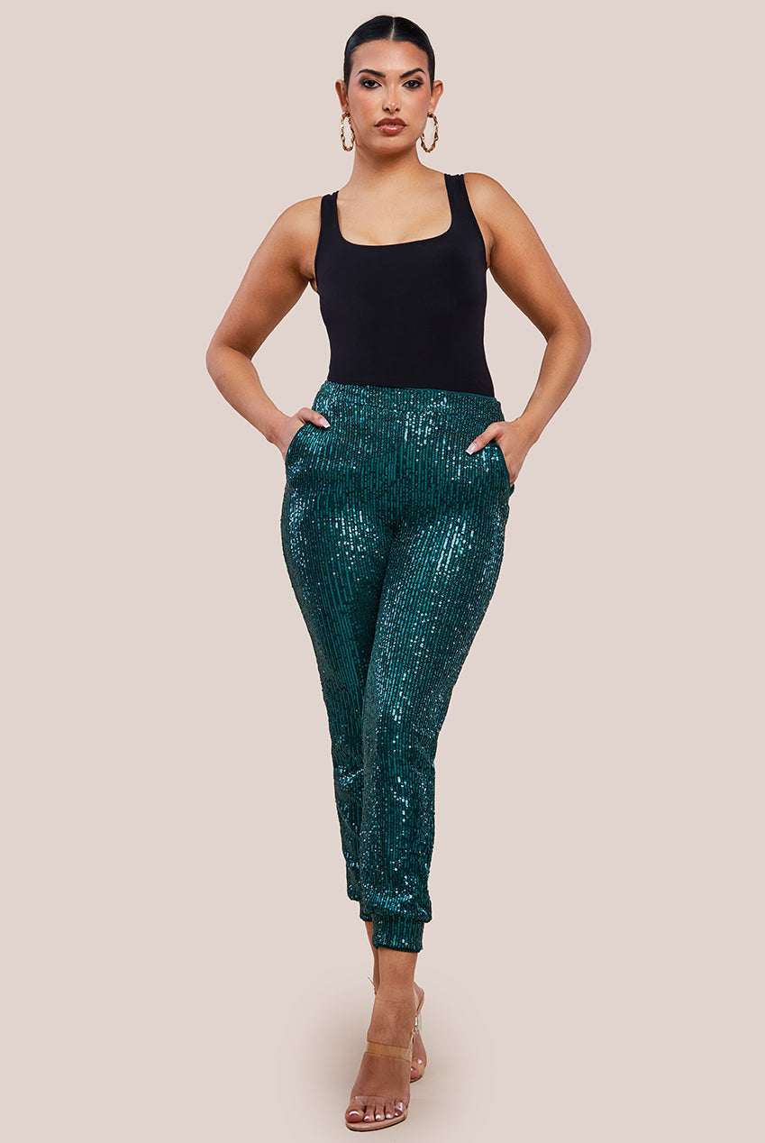 Goddiva Sequin Cuffed Ankle Pant - Emerald