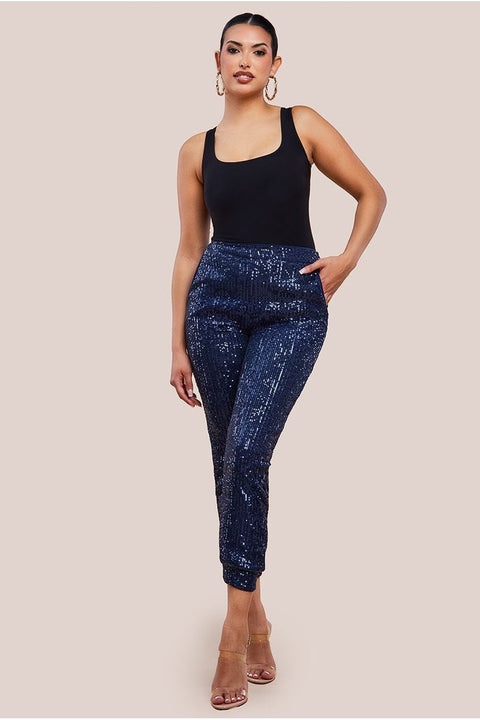 Goddiva Sequin Cuffed Ankle Pant - Navy