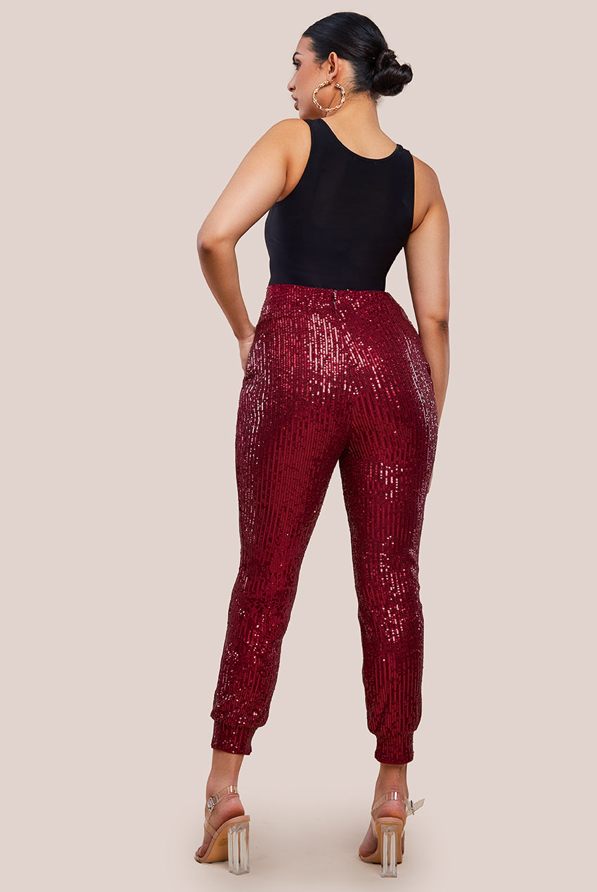 Goddiva Sequin Cuffed Ankle Pant - Wine