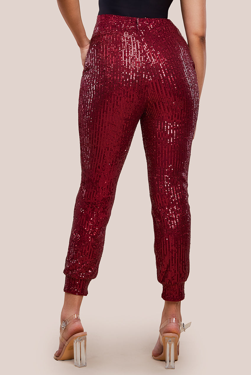 Goddiva Sequin Cuffed Ankle Pant - Wine