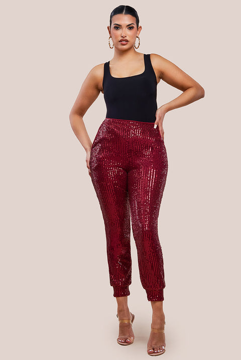 Goddiva Sequin Cuffed Ankle Pant - Wine