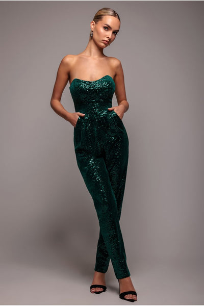 Emerald - Goddiva Sequin & Velvet Corset Romper - Emerald Green