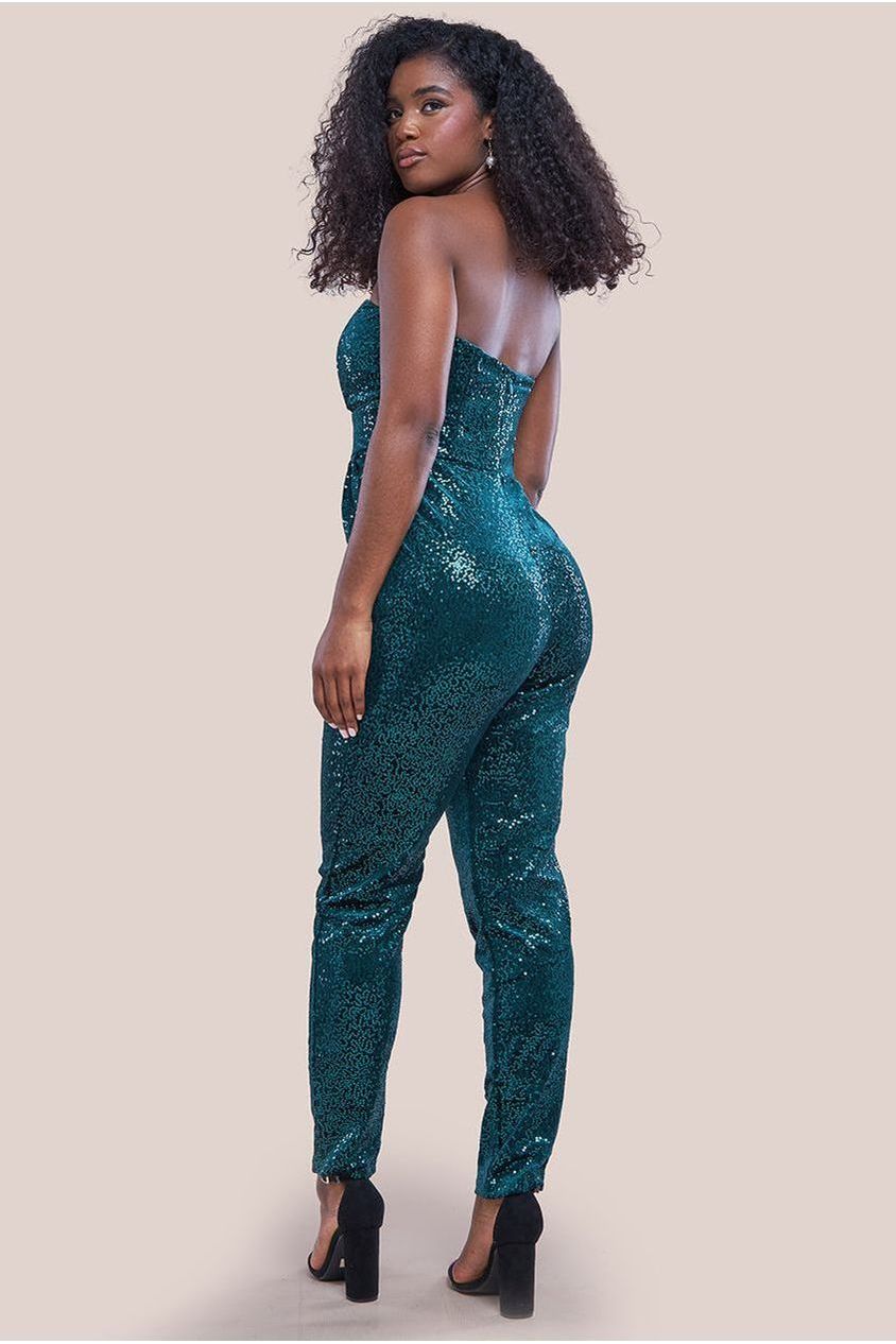 Goddiva Sequin & Velvet Corset Romper - Emerald Green