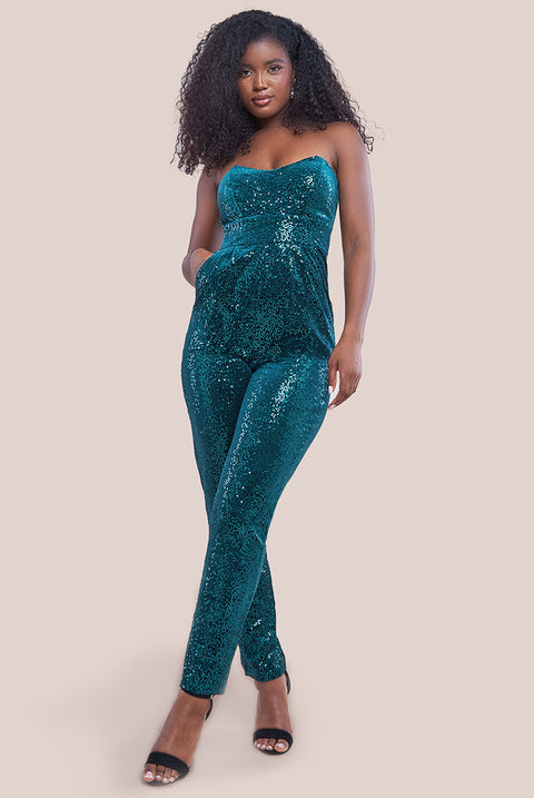 Goddiva Sequin & Velvet Corset Romper - Emerald Green