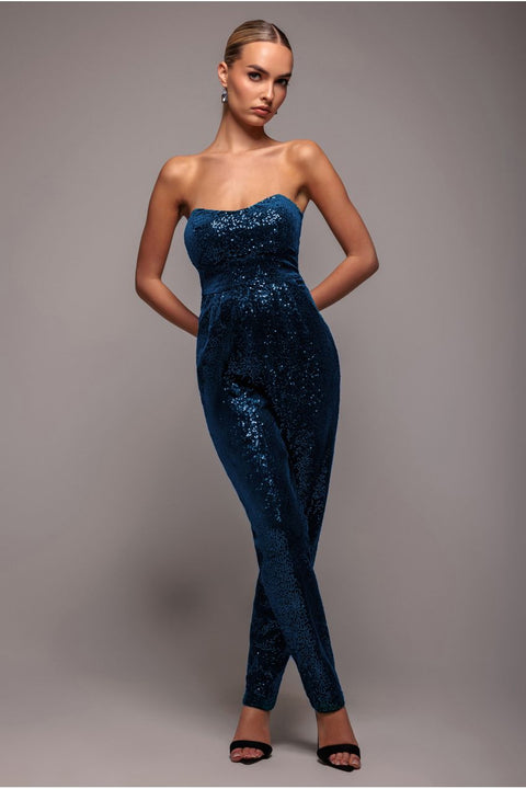 Goddiva Sequin & Velvet Corset Romper - Blue
