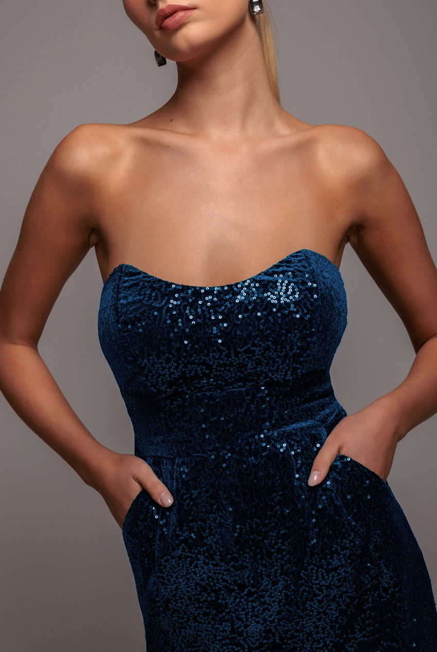 Goddiva Sequin & Velvet Corset Romper - Blue
