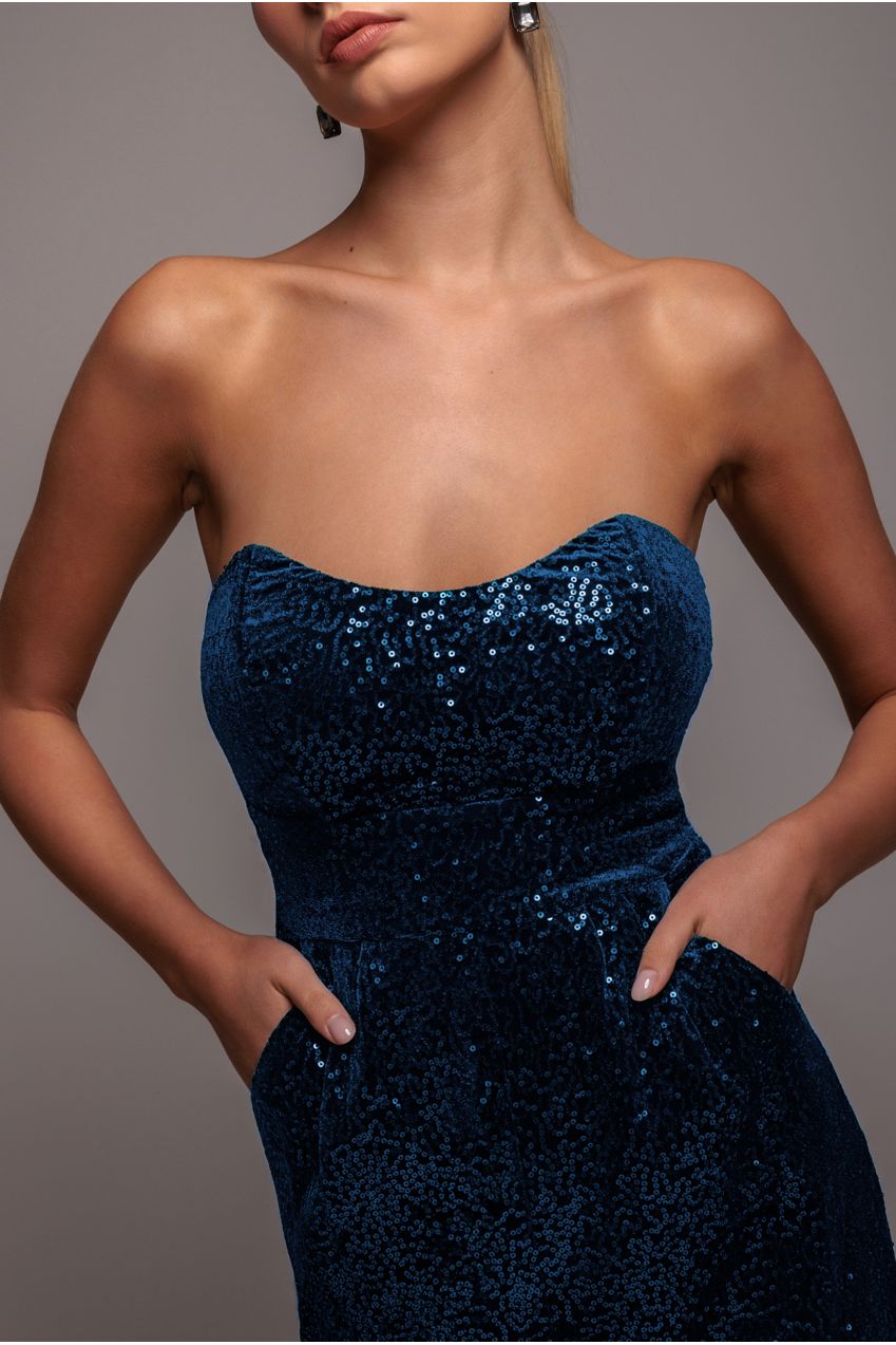 Goddiva Sequin & Velvet Corset Romper - Blue