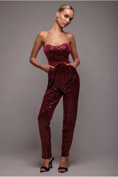 Wine - Goddiva Sequin & Velvet Corset Romper - Wine