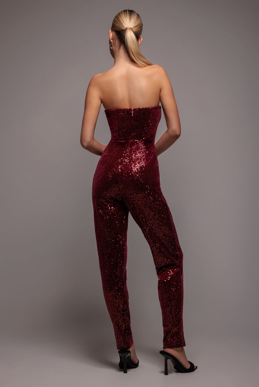 Goddiva Sequin & Velvet Corset Romper - Wine