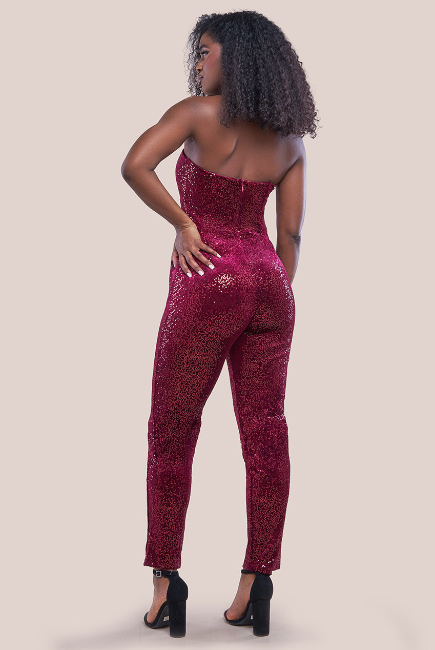 Goddiva Sequin & Velvet Corset Romper - Wine