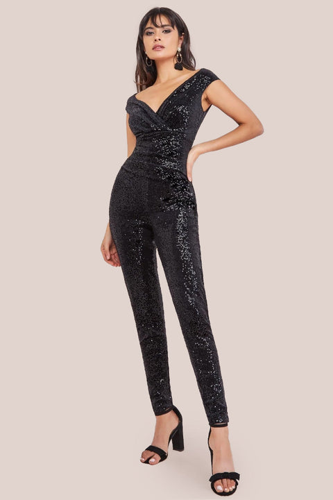 Goddiva Sequin Velvet Bardot Romper - Black