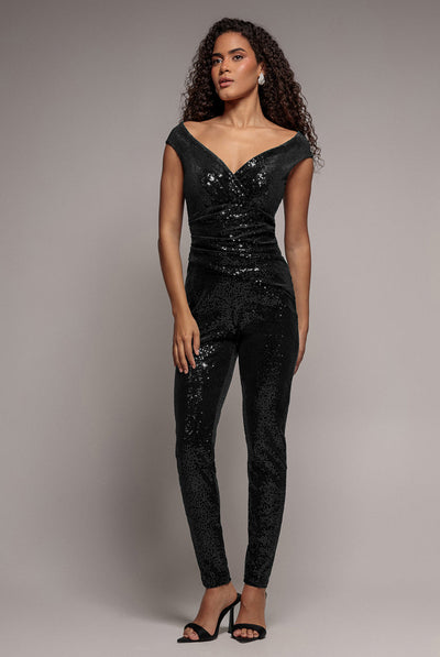 Black - Goddiva Sequin Velvet Bardot Romper - Black