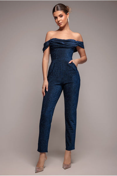 RoyalBlue - Goddiva Lurex Cowl Neck Romper - Royalblue