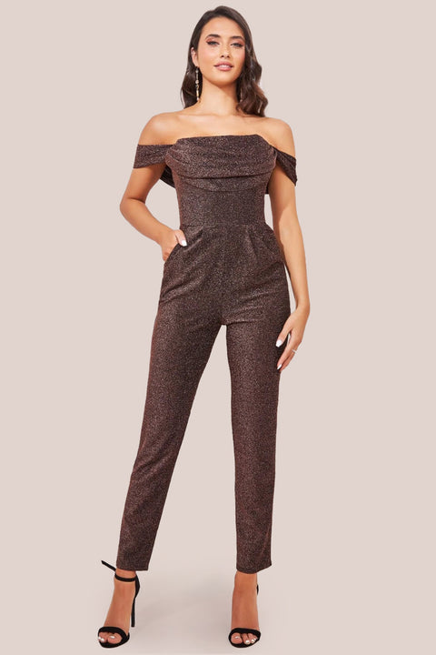 Goddiva Lurex Cowl Neck Romper - Bronze