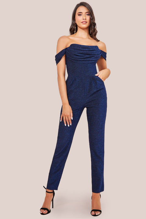 Goddiva Lurex Cowl Neck Romper - Royalblue