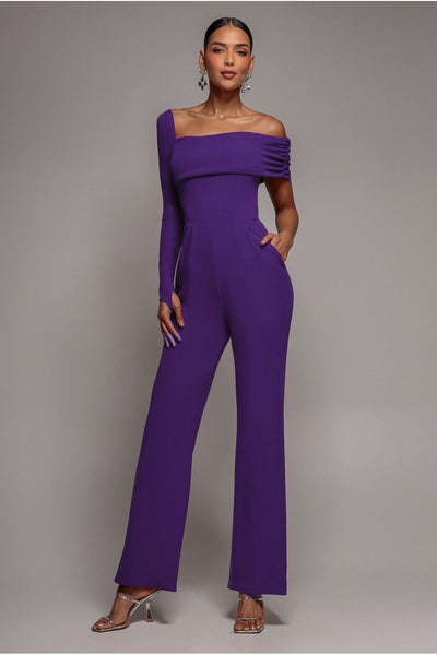 Purple - Goddiva One Shoulder Scuba Romper - Purple