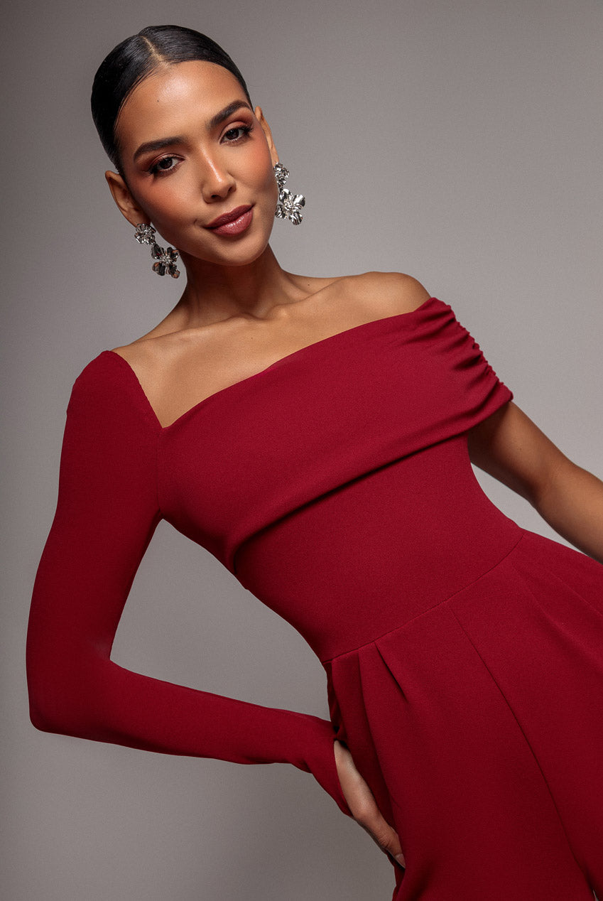 Goddiva One Shoulder Scuba Romper - Wine