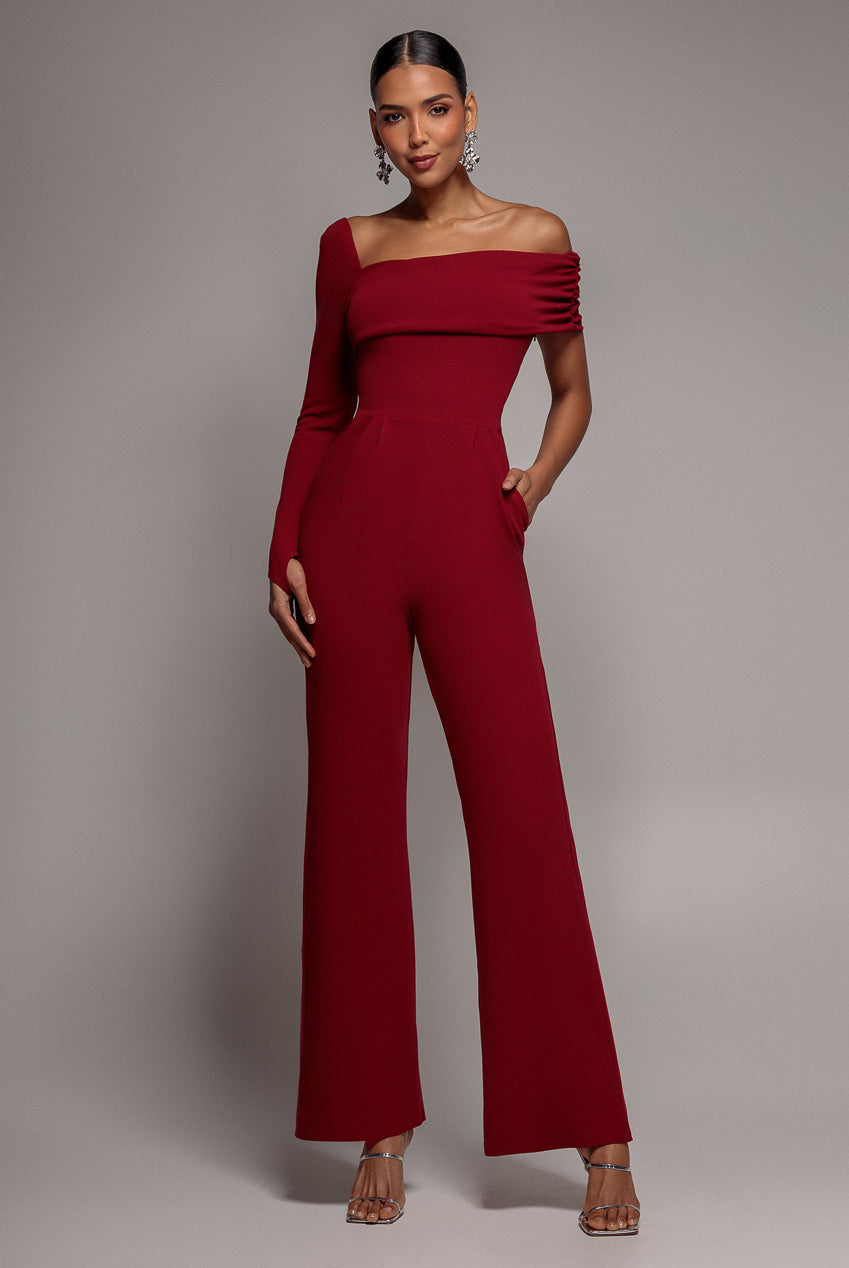 Goddiva One Shoulder Scuba Romper - Wine