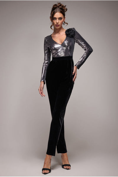 Silver - Goddiva Liquid Sequin Romper With Corsage - Silver
