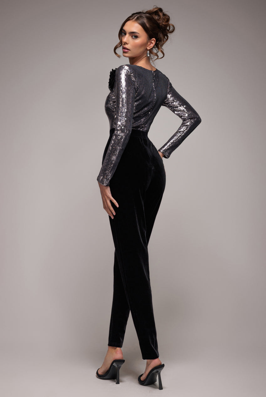 Goddiva Liquid Sequin Romper With Corsage - Silver